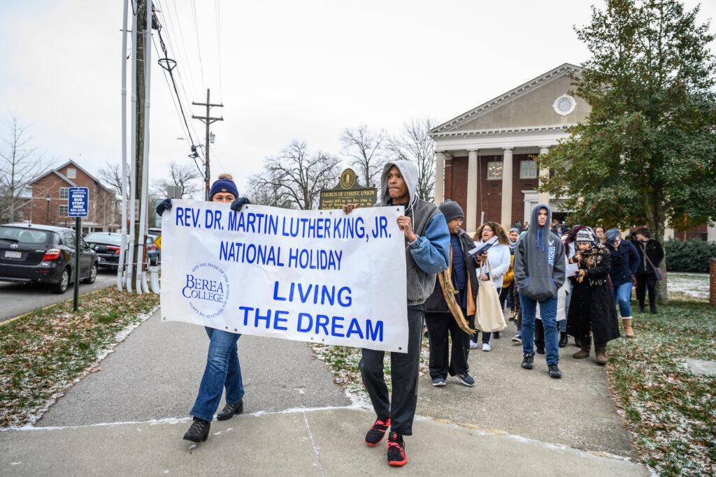 Staff and students march on Martin Luther King Jr. Day.