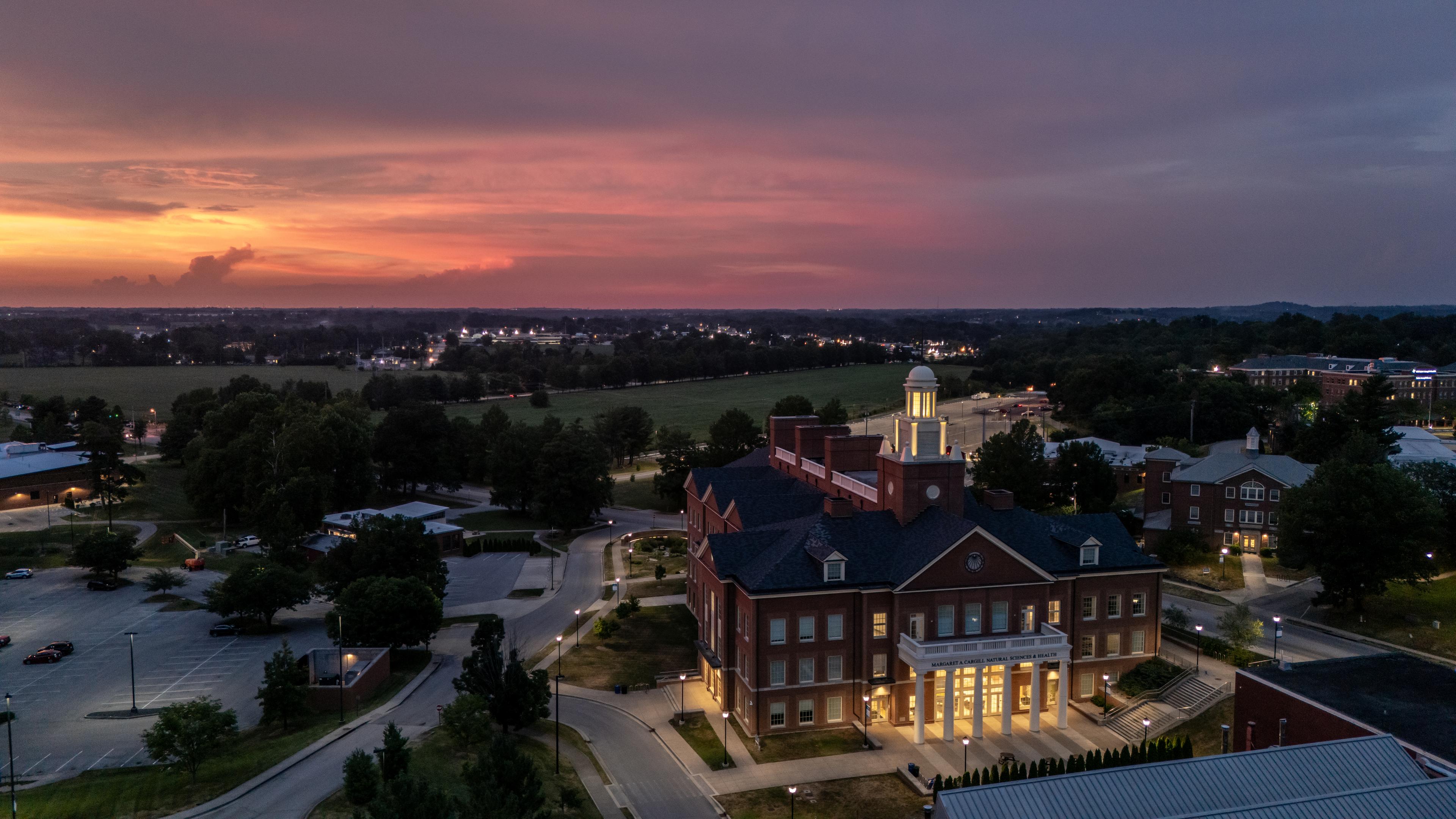 Aerial shot of Berea's campus during a sunset.